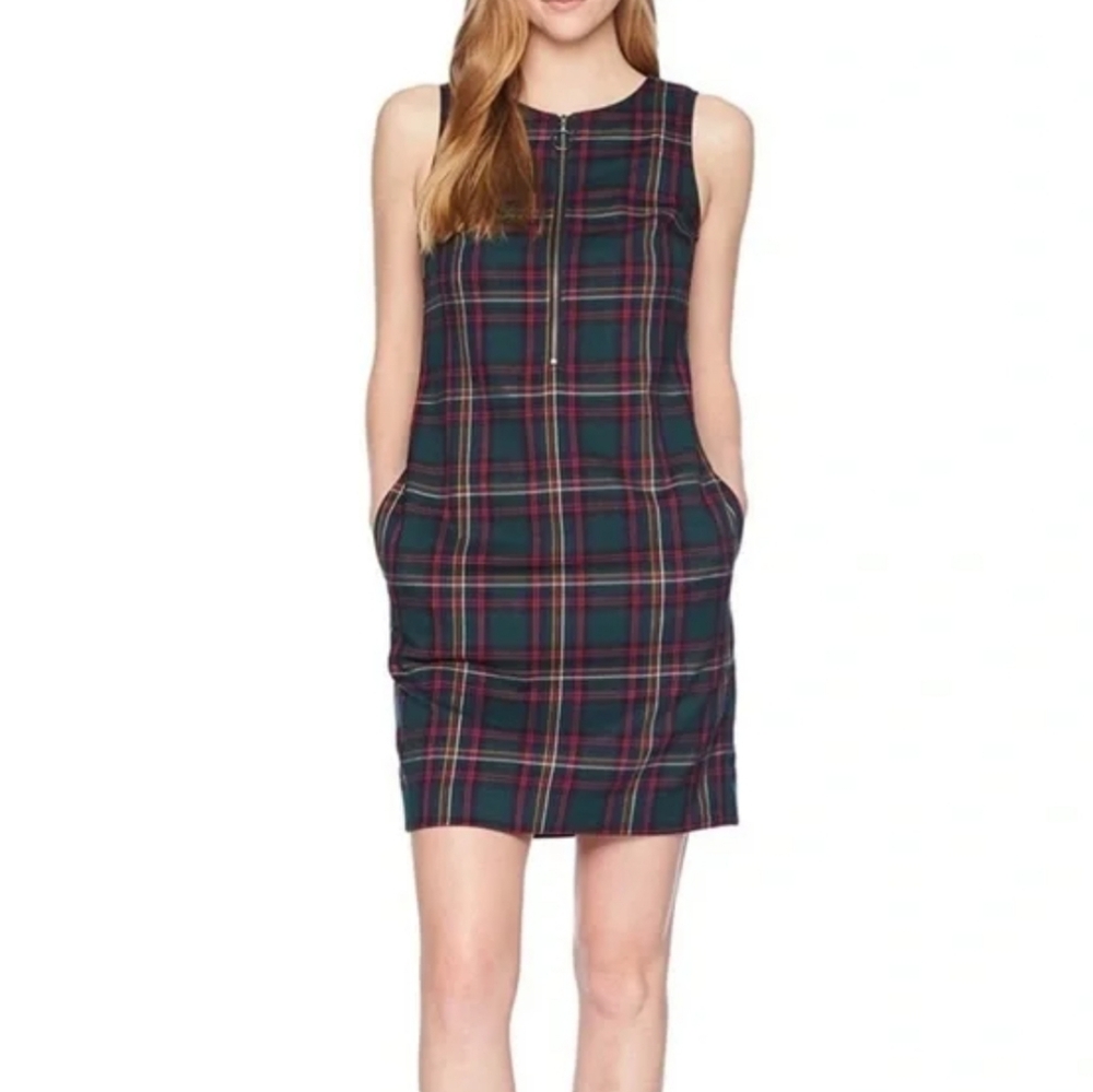 TRINA TURK Sleeveless Front Zip Versed Plaid Round Neck Shift Dress